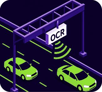 Ilustração de pórtico com câmera OCR lendo placas de veículos